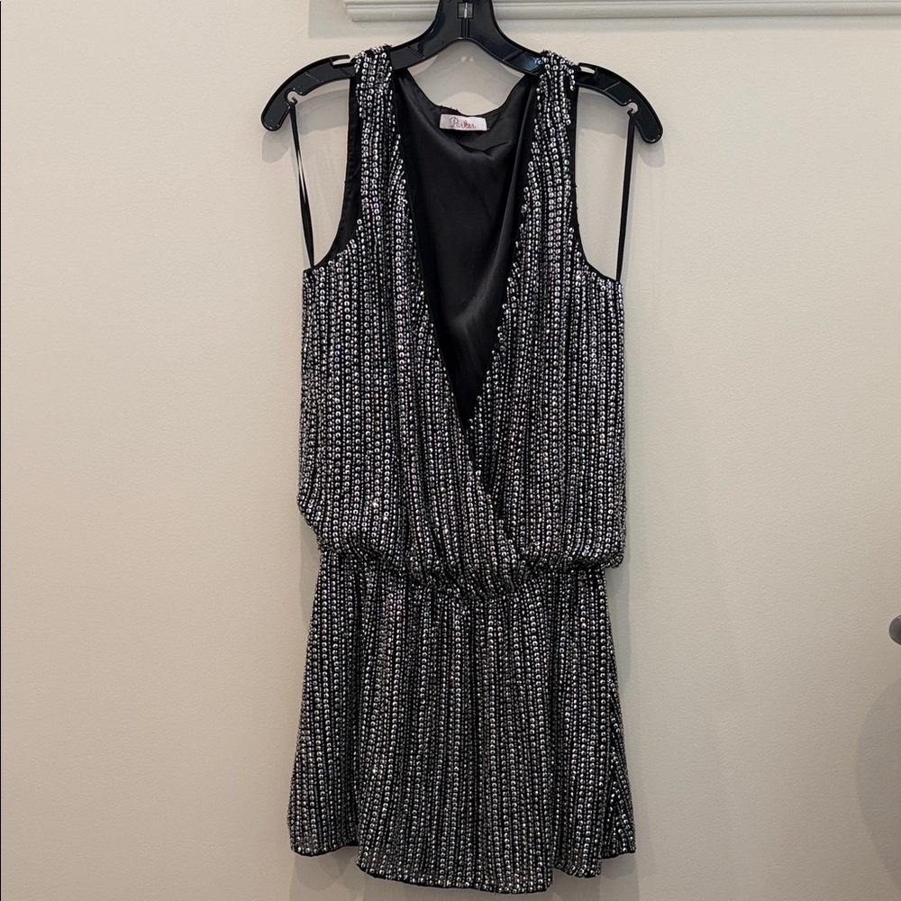 Parker Black and Silver sequin deep V holiday dress